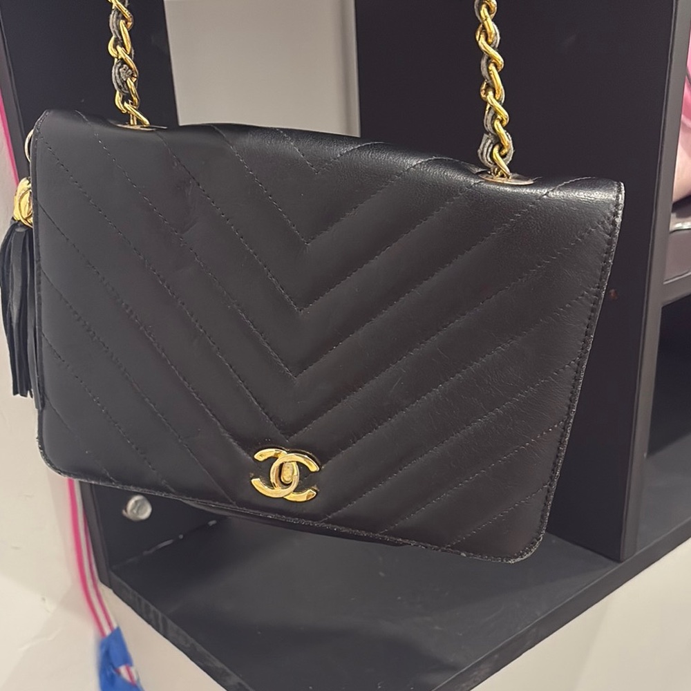 Chanel Black and Gold Crossbody Bag with Quilted Leather